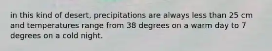 in this kind of desert, precipitations are always less than 25 cm and temperatures range from 38 degrees on a warm day to 7 degrees on a cold night.