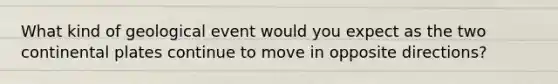 What kind of geological event would you expect as the two continental plates continue to move in opposite directions?