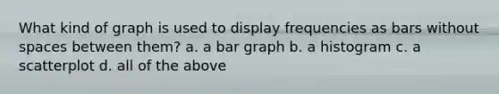 What kind of graph is used to display frequencies as bars without spaces between them? a. a <a href='https://www.questionai.com/knowledge/kKndKXKlBK-bar-graph' class='anchor-knowledge'>bar graph</a> b. a histogram c. a scatterplot d. all of the above