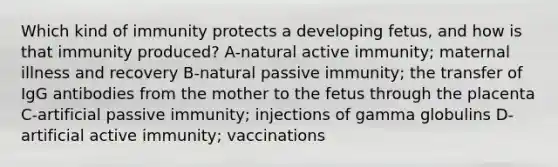 Which kind of immunity protects a developing fetus, and how is that immunity produced? A-natural active immunity; maternal illness and recovery B-natural passive immunity; the transfer of IgG antibodies from the mother to the fetus through the placenta C-artificial passive immunity; injections of gamma globulins D-artificial active immunity; vaccinations