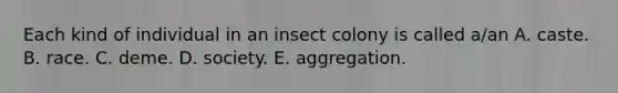 Each kind of individual in an insect colony is called a/an A. caste. B. race. C. deme. D. society. E. aggregation.