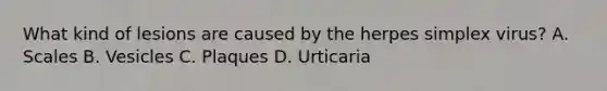 What kind of lesions are caused by the herpes simplex virus? A. Scales B. Vesicles C. Plaques D. Urticaria