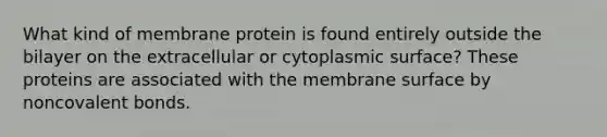 What kind of membrane protein is found entirely outside the bilayer on the extracellular or cytoplasmic surface? These proteins are associated with the membrane surface by noncovalent bonds.