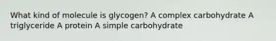 What kind of molecule is glycogen? A complex carbohydrate A triglyceride A protein A simple carbohydrate