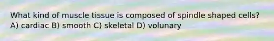 What kind of muscle tissue is composed of spindle shaped cells? A) cardiac B) smooth C) skeletal D) volunary