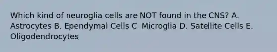 Which kind of neuroglia cells are NOT found in the CNS? A. Astrocytes B. Ependymal Cells C. Microglia D. Satellite Cells E. Oligodendrocytes