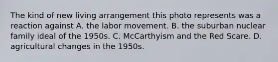 The kind of new living arrangement this photo represents was a reaction against A. the labor movement. B. the suburban nuclear family ideal of the 1950s. C. McCarthyism and the Red Scare. D. agricultural changes in the 1950s.