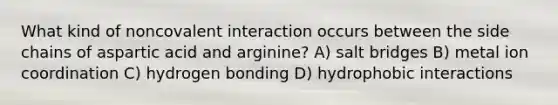 What kind of noncovalent interaction occurs between the side chains of aspartic acid and arginine? A) salt bridges B) metal ion coordination C) hydrogen bonding D) hydrophobic interactions