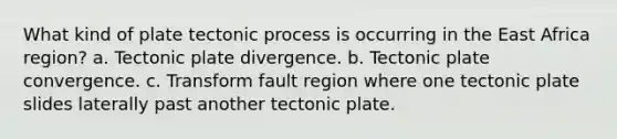 What kind of plate tectonic process is occurring in the East Africa region? a. Tectonic plate divergence. b. Tectonic plate convergence. c. Transform fault region where one tectonic plate slides laterally past another tectonic plate.