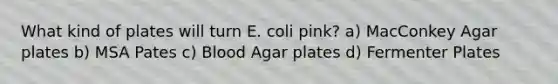 What kind of plates will turn E. coli pink? a) MacConkey Agar plates b) MSA Pates c) Blood Agar plates d) Fermenter Plates