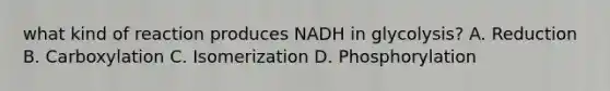 what kind of reaction produces NADH in glycolysis? A. Reduction B. Carboxylation C. Isomerization D. Phosphorylation