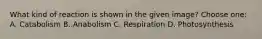 What kind of reaction is shown in the given image? Choose one: A. Catabolism B. Anabolism C. Respiration D. Photosynthesis