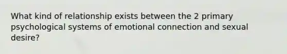 What kind of relationship exists between the 2 primary psychological systems of emotional connection and sexual desire?