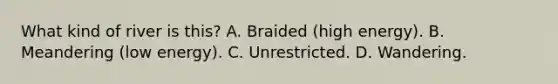 What kind of river is this? A. Braided (high energy). B. Meandering (low energy). C. Unrestricted. D. Wandering.