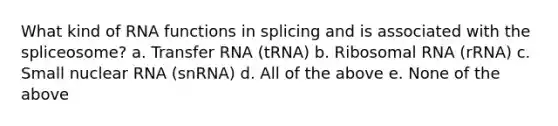 What kind of RNA functions in splicing and is associated with the spliceosome? a. Transfer RNA (tRNA) b. Ribosomal RNA (rRNA) c. Small nuclear RNA (snRNA) d. All of the above e. None of the above