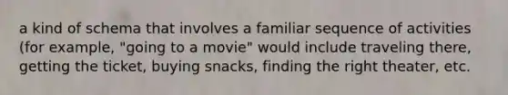 a kind of schema that involves a familiar sequence of activities (for example, "going to a movie" would include traveling there, getting the ticket, buying snacks, finding the right theater, etc.