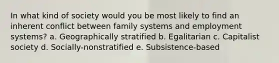 In what kind of society would you be most likely to find an inherent conflict between family systems and employment systems? a. Geographically stratified b. Egalitarian c. Capitalist society d. Socially-nonstratified e. Subsistence-based