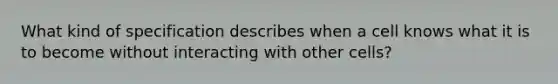 What kind of specification describes when a cell knows what it is to become without interacting with other cells?