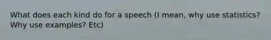 What does each kind do for a speech (I mean, why use statistics? Why use examples? Etc)