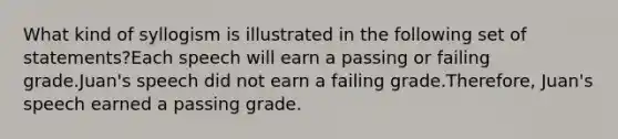 What kind of syllogism is illustrated in the following set of statements?Each speech will earn a passing or failing grade.Juan's speech did not earn a failing grade.Therefore, Juan's speech earned a passing grade.