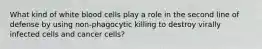 What kind of white blood cells play a role in the second line of defense by using non-phagocytic killing to destroy virally infected cells and cancer cells?