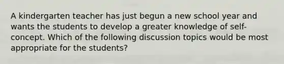 A kindergarten teacher has just begun a new school year and wants the students to develop a greater knowledge of self-concept. Which of the following discussion topics would be most appropriate for the students?