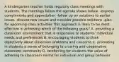 A kindergarten teacher holds regularly class meetings with students. The meetings follow the agenda shown below. -express compliments and appreciation -follow up on solutions to earlier issues -discuss new issues and consider possible solutions -plan for upcoming class activities This approach is likely to be most effective in achieving which of the following goals? A. providing a classroom environment that is responsive to students' individual needs and preferences B. encouraging students to think objectively about classroom problems and concerns C. promoting in students a sense of belonging to a caring and cooperative classroom community D. reinforcing for students the value of adhering to classroom norms for individual and group behavior