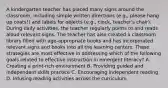 A kindergarten teacher has placed many signs around the classroom, including simple written directions (e.g., please hang up coats!) and labels for objects (e.g., clock, teacher's chair). During daily activities, the teacher regularly points to and reads aloud relevant signs. The teacher has also created a classroom library filled with age-appropriate books and has incorporated relevant signs and books into all the learning centers. These strategies are most effective in addressing which of the following goals related to effective instruction in emergent literacy? A. Creating a print-rich environment B. Providing guided and independent skills practice C. Encouraging independent reading D. Infusing reading activities across the curriculum