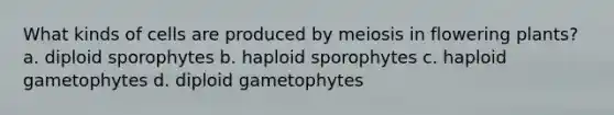 What kinds of cells are produced by meiosis in flowering plants? a. diploid sporophytes b. haploid sporophytes c. haploid gametophytes d. diploid gametophytes