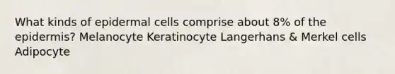 What kinds of epidermal cells comprise about 8% of <a href='https://www.questionai.com/knowledge/kBFgQMpq6s-the-epidermis' class='anchor-knowledge'>the epidermis</a>? Melanocyte Keratinocyte Langerhans & Merkel cells Adipocyte