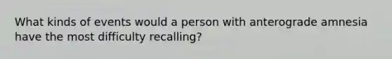 What kinds of events would a person with anterograde amnesia have the most difficulty recalling?