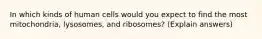 In which kinds of human cells would you expect to find the most mitochondria, lysosomes, and ribosomes? (Explain answers)