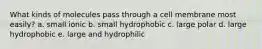 What kinds of molecules pass through a cell membrane most easily? a. small ionic b. small hydrophobic c. large polar d. large hydrophobic e. large and hydrophilic