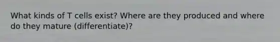 What kinds of T cells exist? Where are they produced and where do they mature (differentiate)?