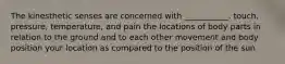 The kinesthetic senses are concerned with ___________. touch, pressure, temperature, and pain the locations of body parts in relation to the ground and to each other movement and body position your location as compared to the position of the sun