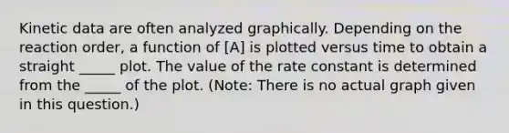 Kinetic data are often analyzed graphically. Depending on the reaction order, a function of [A] is plotted versus time to obtain a straight _____ plot. The value of the rate constant is determined from the _____ of the plot. (Note: There is no actual graph given in this question.)