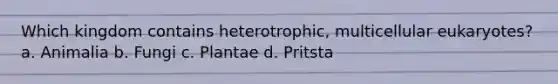 Which kingdom contains heterotrophic, multicellular eukaryotes? a. Animalia b. Fungi c. Plantae d. Pritsta