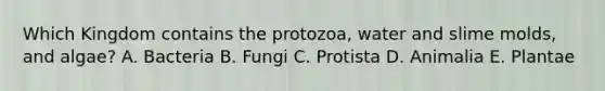 Which Kingdom contains the protozoa, water and slime molds, and algae? A. Bacteria B. Fungi C. Protista D. Animalia E. Plantae