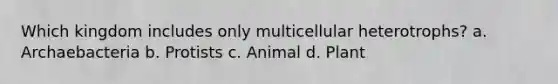 Which kingdom includes only multicellular heterotrophs? a. Archaebacteria b. Protists c. Animal d. Plant