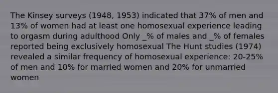 The Kinsey surveys (1948, 1953) indicated that 37% of men and 13% of women had at least one homosexual experience leading to orgasm during adulthood Only _% of males and _% of females reported being exclusively homosexual The Hunt studies (1974) revealed a similar frequency of homosexual experience: 20-25% of men and 10% for married women and 20% for unmarried women