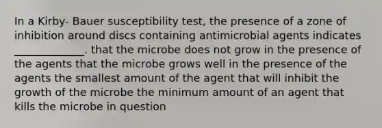 In a Kirby- Bauer susceptibility test, the presence of a zone of inhibition around discs containing antimicrobial agents indicates _____________. that the microbe does not grow in the presence of the agents that the microbe grows well in the presence of the agents the smallest amount of the agent that will inhibit the growth of the microbe the minimum amount of an agent that kills the microbe in question