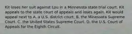 Kit loses her suit against Lou in a Minnesota state trial court. Kit appeals to the state court of appeals and loses again. Kit would appeal next to A. a U.S. district court. B. the Minessota Supreme Court. C. the United States Supreme Court. D. the U.S. Court of Appeals for the Eighth Circuit.