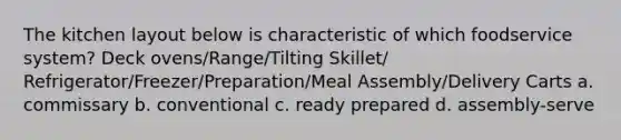 The kitchen layout below is characteristic of which foodservice system? Deck ovens/Range/Tilting Skillet/ Refrigerator/Freezer/Preparation/Meal Assembly/Delivery Carts a. commissary b. conventional c. ready prepared d. assembly-serve