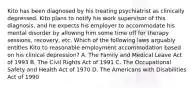 Kito has been diagnosed by his treating psychiatrist as clinically depressed. Kito plans to notify his work supervisor of this diagnosis, and he expects his employer to accommodate his mental disorder by allowing him some time off for therapy sessions, recovery, etc. Which of the following laws arguably entitles Kito to reasonable employment accommodation based on his clinical depression? A. The Family and Medical Leave Act of 1993 B. The Civil Rights Act of 1991 C. The Occupational Safety and Health Act of 1970 D. The Americans with Disabilities Act of 1990