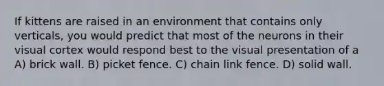 If kittens are raised in an environment that contains only verticals, you would predict that most of the neurons in their visual cortex would respond best to the visual presentation of a A) brick wall. B) picket fence. C) chain link fence. D) solid wall.