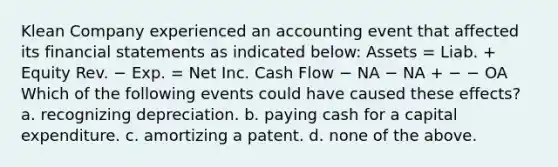 Klean Company experienced an accounting event that affected its financial statements as indicated below: Assets = Liab. + Equity Rev. − Exp. = Net Inc. Cash Flow − NA − NA + − − OA Which of the following events could have caused these effects? a. recognizing depreciation. b. paying cash for a capital expenditure. c. amortizing a patent. d. none of the above.