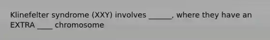 Klinefelter syndrome (XXY) involves ______, where they have an EXTRA ____ chromosome