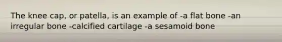 The knee cap, or patella, is an example of -a flat bone -an irregular bone -calcified cartilage -a sesamoid bone
