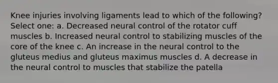 Knee injuries involving ligaments lead to which of the following? Select one: a. Decreased neural control of the rotator cuff muscles b. Increased neural control to stabilizing muscles of the core of the knee c. An increase in the neural control to the gluteus medius and gluteus maximus muscles d. A decrease in the neural control to muscles that stabilize the patella