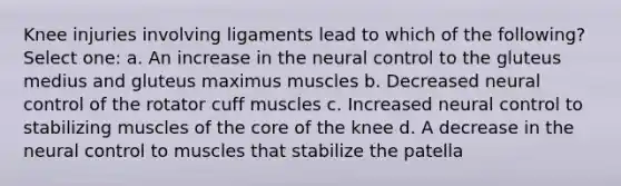 Knee injuries involving ligaments lead to which of the following? Select one: a. An increase in the neural control to the gluteus medius and gluteus maximus muscles b. Decreased neural control of the rotator cuff muscles c. Increased neural control to stabilizing muscles of the core of the knee d. A decrease in the neural control to muscles that stabilize the patella